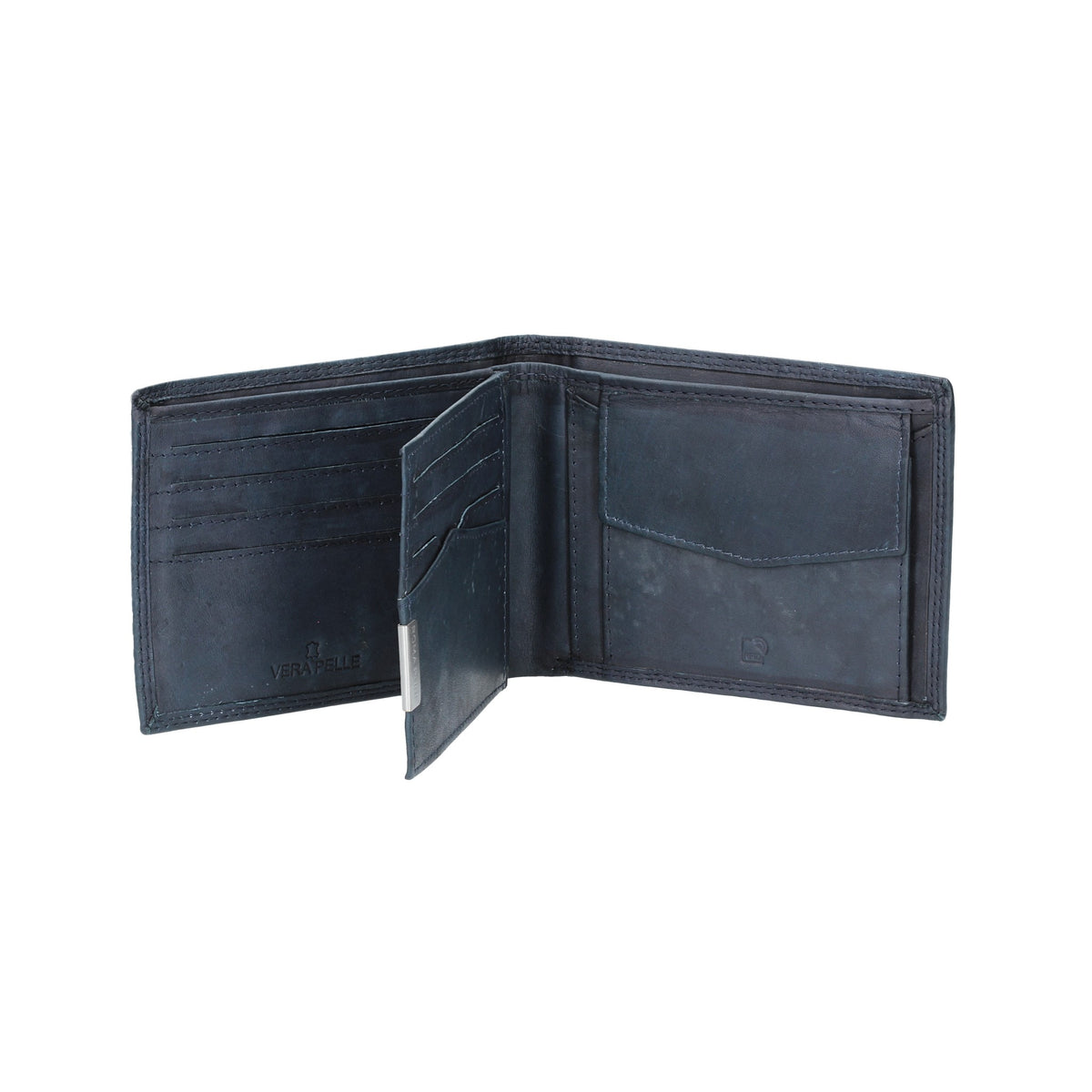 Geldbörse Querformat mit Klappe in Blau aus Leder - leder-accessoires.com