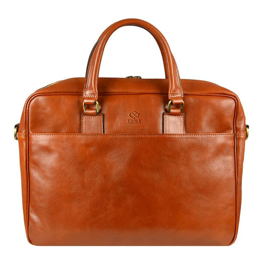 Businesstasche aus Leder in Cognac mit Reißverschluss und Vortasche - leder-accessoires.com