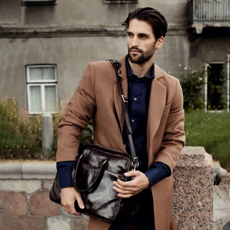 Businesstasche aus Leder in Dunkelbraun mit Reißverschluss und Vortasche - leder-accessoires.com