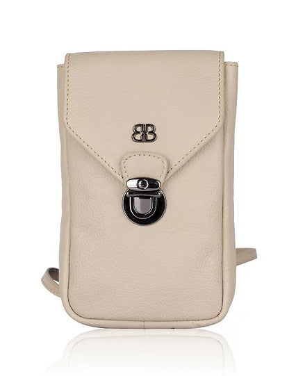 Handytasche aus Leder in Beige mit Überschlag und Steckschloss - leder-accessoires.com