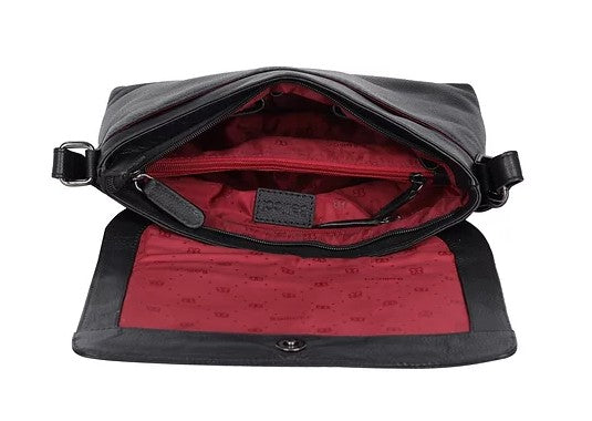 Umhängetasche Querformat aus Leder in Schwarz mit Überschlag - leder-accessoires.com