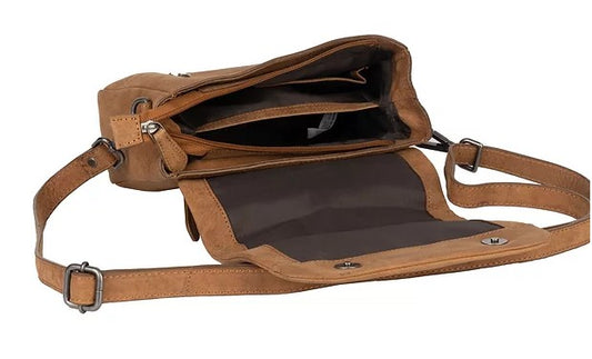 Umhängetasche in Cognac mit Überschlag und Kurzgriff - leder-accessoires.com