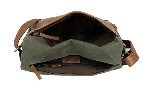 Umhängetasche aus Leder|Canvas in Grün|Braun mit Reißverschluss - leder-accessoires.com