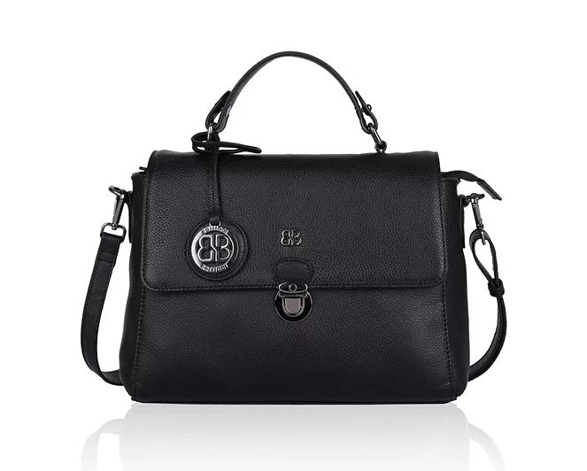 Kurzgrifftasche aus Leder in Schwarz mit Überschlag und Steckschloss - leder-accessoires.com