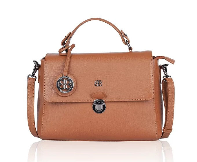 Kurzgrifftasche aus Leder in Cognac mit Überschlag und Steckschloss - leder-accessoires.com