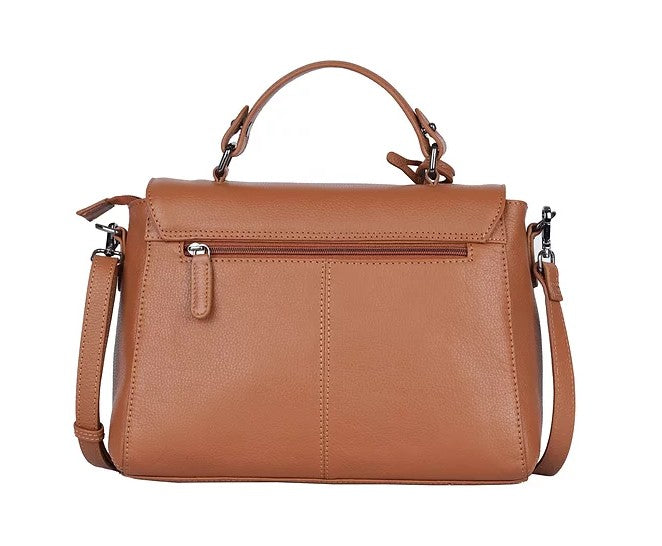 Kurzgrifftasche aus Leder in Cognac mit Überschlag und Steckschloss - leder-accessoires.com