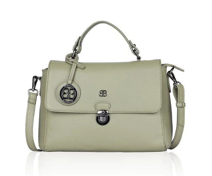 Kurzgrifftasche aus Leder in Olive mit Überschlag und Steckschloss - leder-accessoires.com
