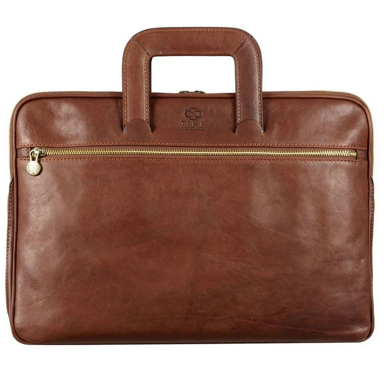 Businesstasche aus Leder in Cognac mit Reißverschluss und Vorfach - leder-accessoires.com
