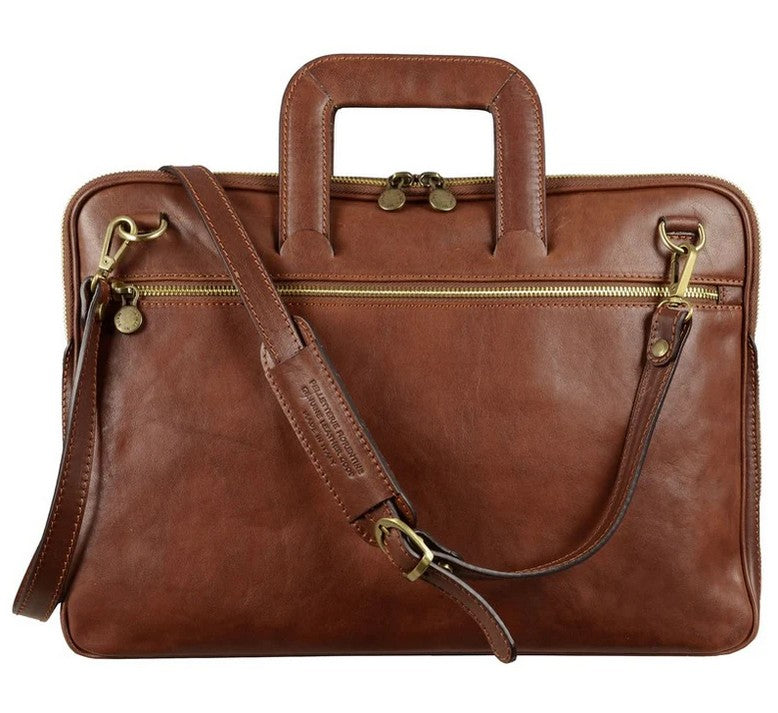 Businesstasche aus Leder in Cognac mit Reißverschluss und Vorfach - leder-accessoires.com
