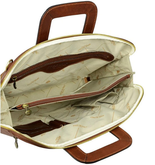 Businesstasche aus Leder in Cognac mit Reißverschluss und Vorfach - leder-accessoires.com