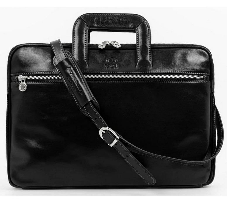 Businesstasche aus Leder in Schwarz mit Reißverschluss und Vorfach - leder-accessoires.com