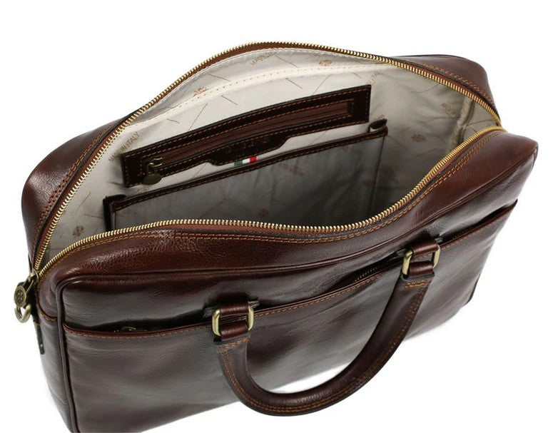 Businesstasche aus Leder in Braun mit Reißverschluss und Vortasche - leder-accessoires.com