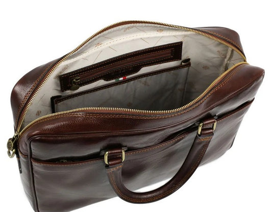 Businesstasche aus Leder in Braun mit Reißverschluss und Vortasche - leder-accessoires.com