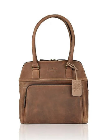 Schultertasche aus Leder in Cognac mit Vortasche und Reißverschluss - leder-accessoires.com