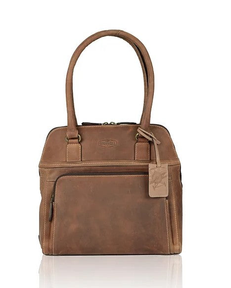 Schultertasche aus Leder in Cognac mit Vortasche und Reißverschluss - leder-accessoires.com