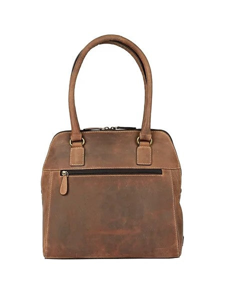 Schultertasche aus Leder in Cognac mit Vortasche und Reißverschluss - leder-accessoires.com