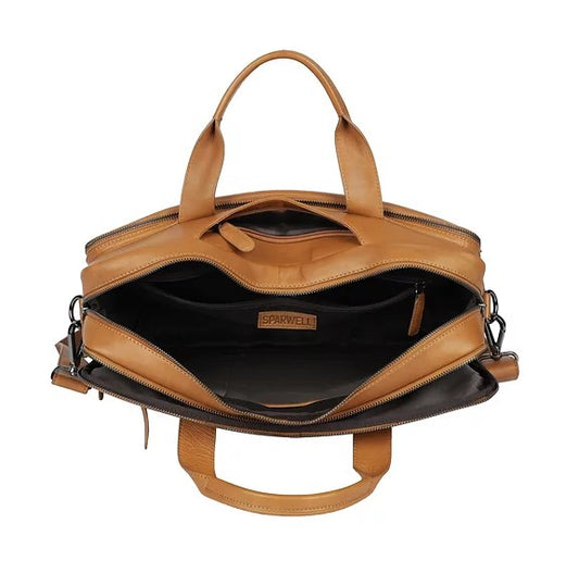 Businesstasche aus Leder in Cognac mit Reißverschluss und Vortasche - leder-accessoires.com