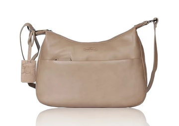 Umhängetasche|Bananenform aus Leder in Taupe|Grau mit Reißverschluss - leder-accessoires.com