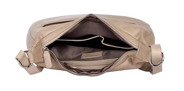 Umhängetasche|Bananenform aus Leder in Taupe|Grau mit Reißverschluss - leder-accessoires.com