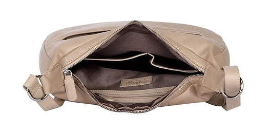 Umhängetasche|Bananenform aus Leder in Taupe|Grau mit Reißverschluss - leder-accessoires.com