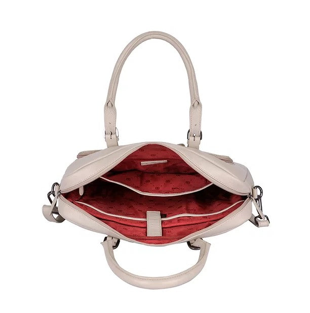 Kurzgriff-|Businesstasche aus Leder in Beige mit Vortasche und Reißverschluss - leder-accessoires.com