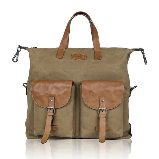 Shopper|Rucksack aus Leder|Canvas in Beige|Braun mit Kurzgriff - leder-accessoires.com