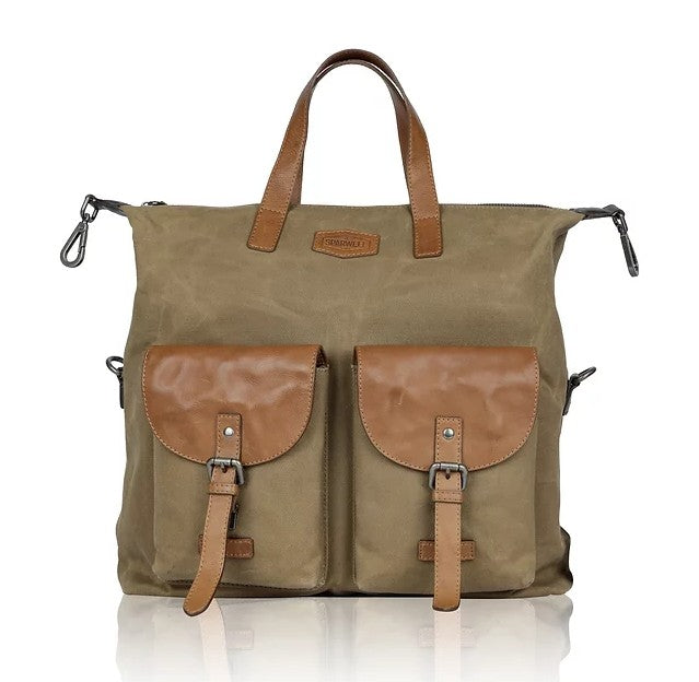 Shopper|Rucksack aus Leder|Canvas in Beige|Braun mit Kurzgriff - leder-accessoires.com