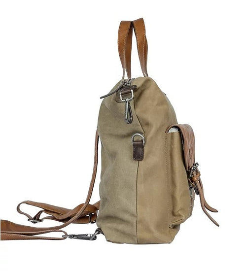 Shopper|Rucksack aus Leder|Canvas in Beige|Braun mit Kurzgriff - leder-accessoires.com