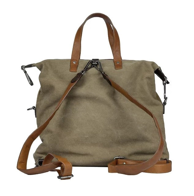 Shopper|Rucksack aus Leder|Canvas in Beige|Braun mit Kurzgriff - leder-accessoires.com