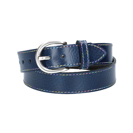 Ledergürtel Kids 25mm in Blau|Marine mit Multicolornaht und Dornschließe in Silber - leder-accessoires.com