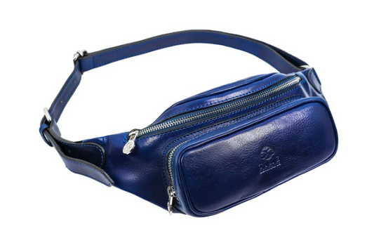 Gürteltasche|Bodybag aus Leder in Blau mit Reißverschluss und Vortasche - leder-accessoires.com