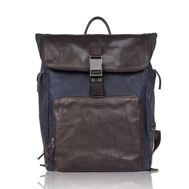 Rucksack mit Überschlag in Blau|Braun aus Canvas und Leder - leder-accessoires.com