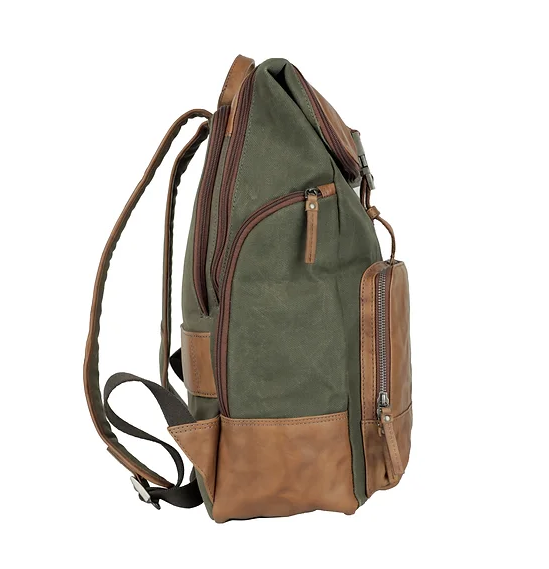 Rucksack mit Überschlag in Grün|Cognac aus Canvas und Leder - leder-accessoires.com
