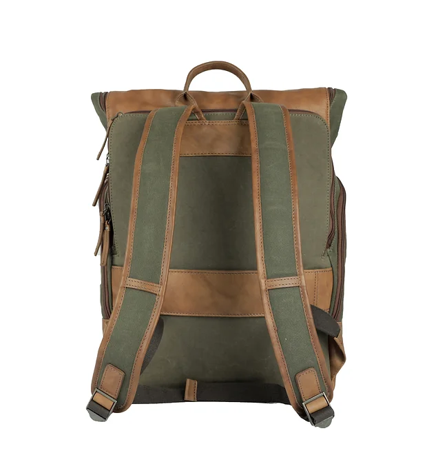 Rucksack mit Überschlag in Grün|Cognac aus Canvas und Leder - leder-accessoires.com