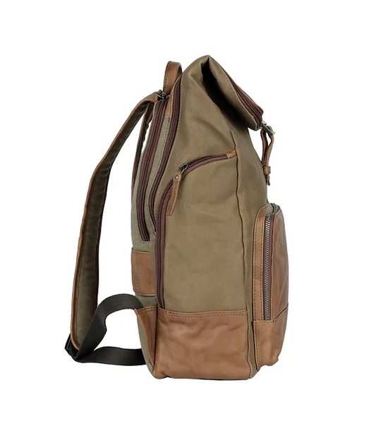 Rucksack mit Überschlag in Beige|Cognac aus Canvas und Leder - leder-accessoires.com