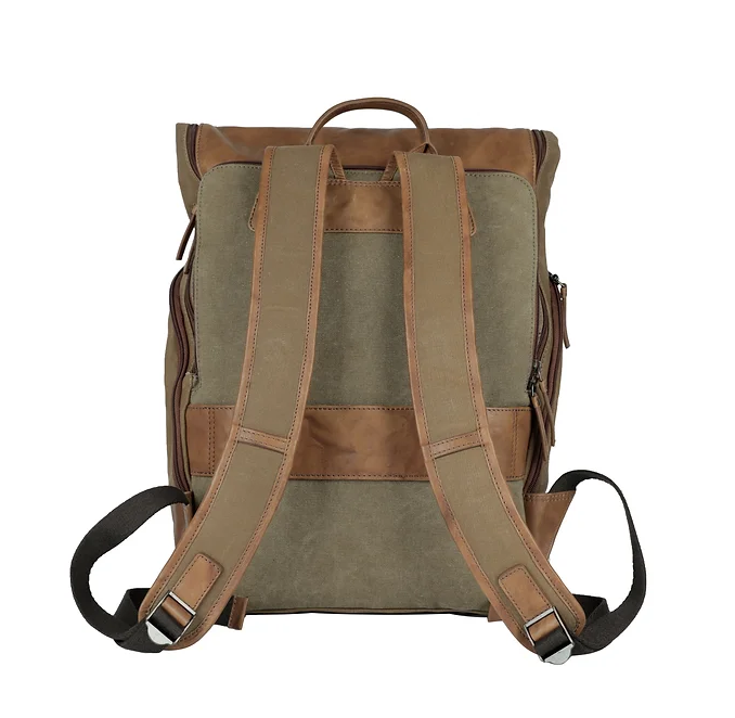 Rucksack mit Überschlag in Beige|Cognac aus Canvas und Leder - leder-accessoires.com