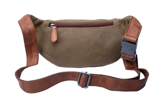 Gürteltasche|Bodybag in Grün|Cognac aus Leder und Canvas - leder-accessoires.com