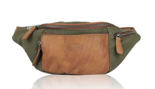 Gürteltasche|Bodybag in Grün|Cognac aus Leder und Canvas - leder-accessoires.com