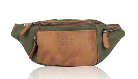 Gürteltasche|Bodybag in Grün|Cognac aus Leder und Canvas - leder-accessoires.com