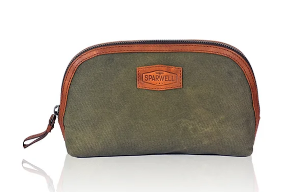 Kultur-|Kosmetiktasche Grün|Cognac aus Leder und Canvas - leder-accessoires.com