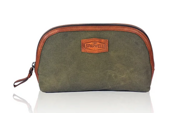 Kultur-|Kosmetiktasche Grün|Cognac aus Leder und Canvas - leder-accessoires.com