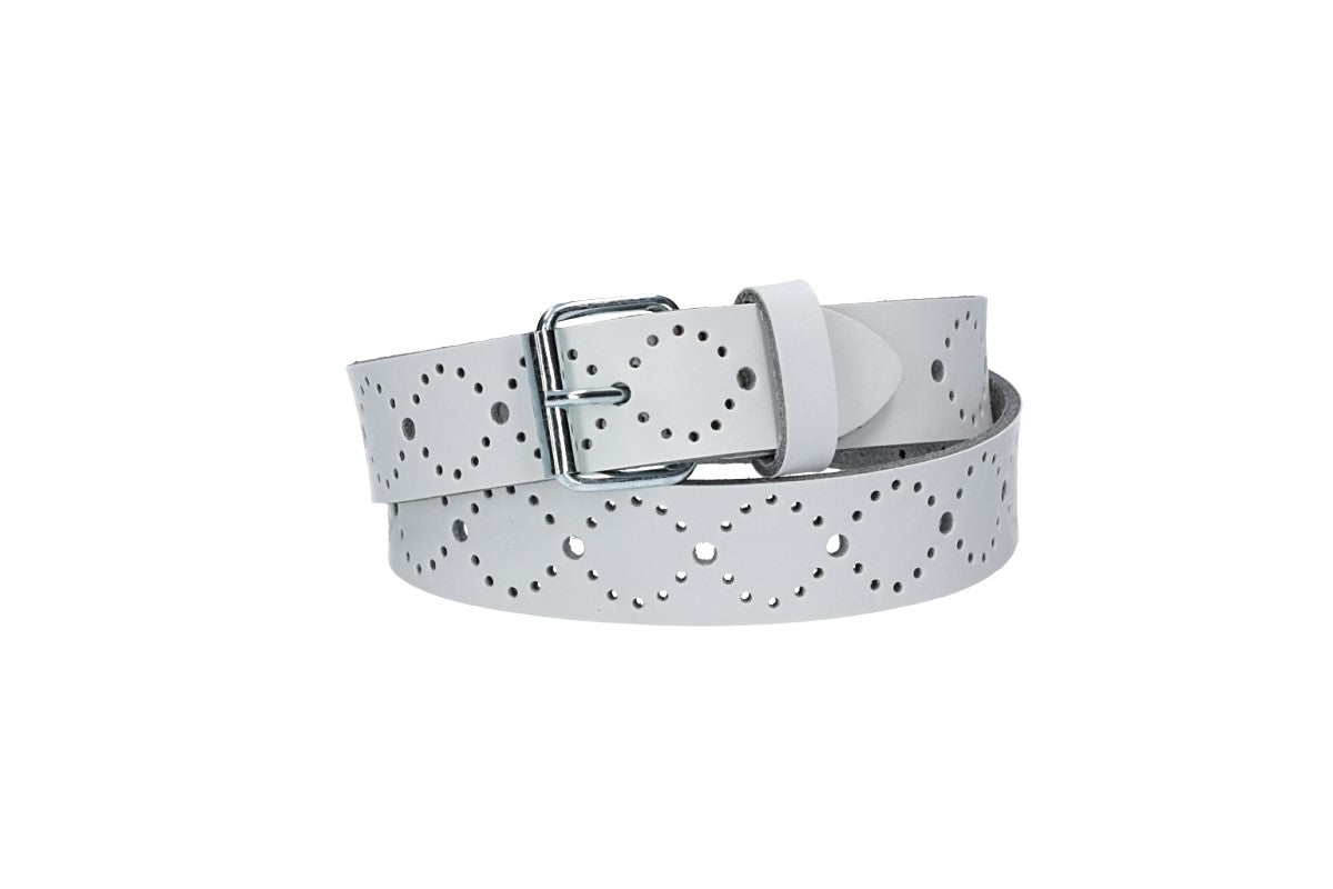 Ledergürtel Kids 25mm in Weiss mit Lochmuster und Rollschließe in Silber - leder-accessoires.com