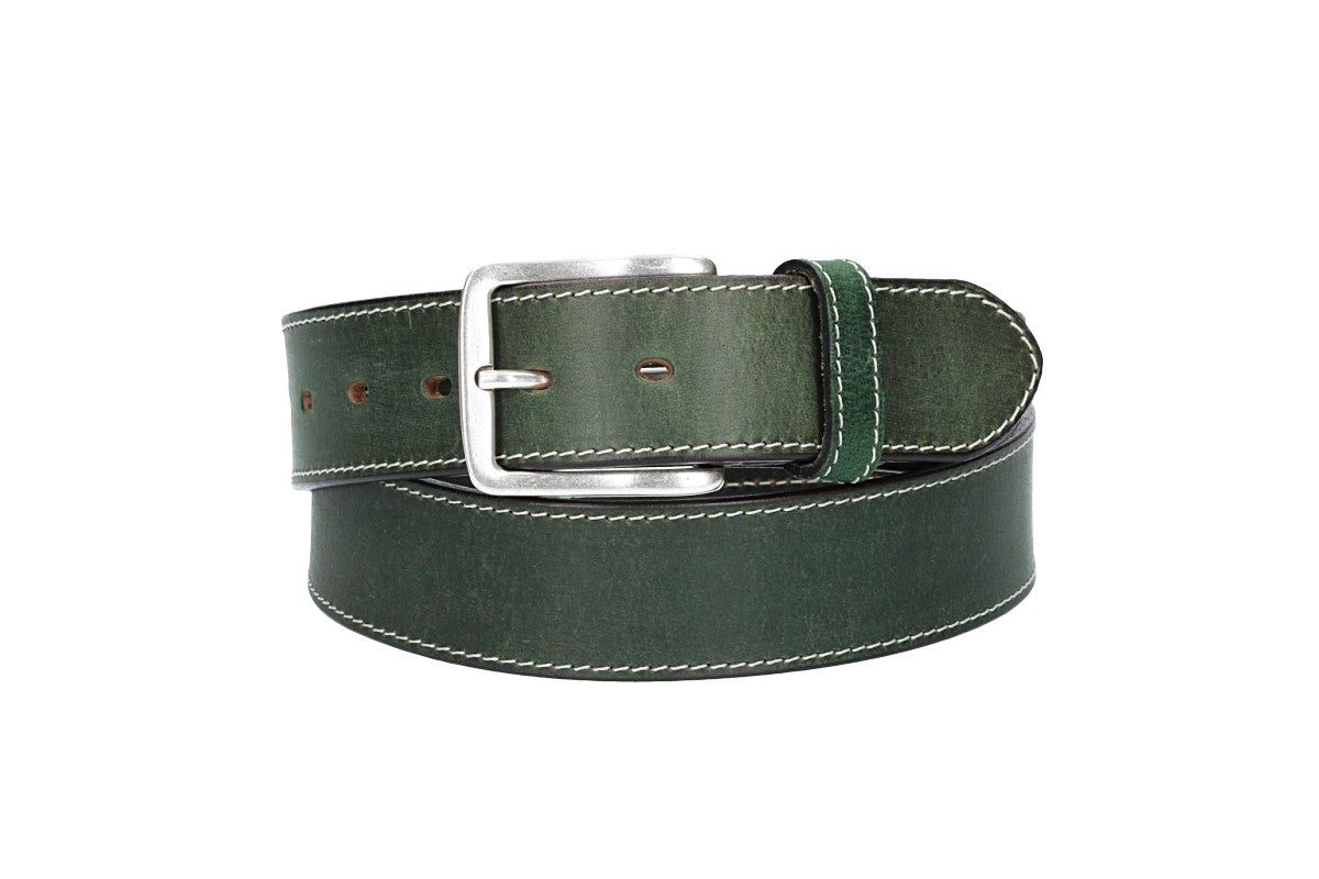 Ledergürtel Grün 40mm abgenäht mit Dornschließe in Silber - leder-accessoires.com