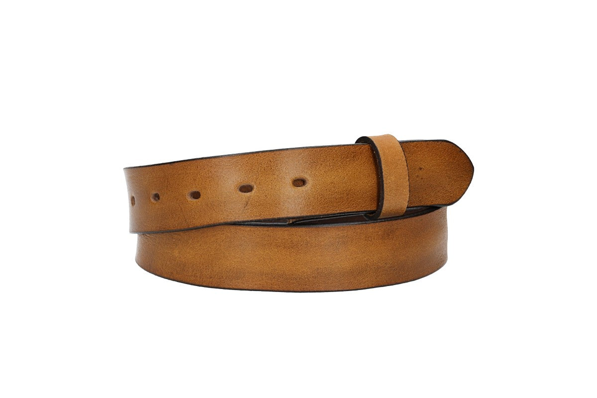 Lederriemen | Gürtelrohling Glanz 35mm in Ocker|Senfgelb mit Schlaufe und Kapplochteil - leder-accessoires.com