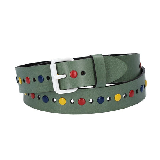 Ledergürtel Kids 25mm in Grün mit durchgehender Lochung, bunten Nieten und weißer Rollschließe - leder-accessoires.com