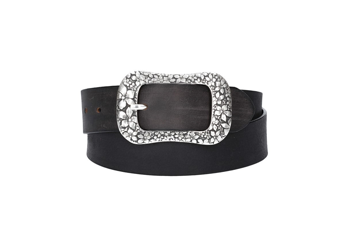 Ledergürtel Schwarz 40mm mit Blumenschließe - leder-accessoires.com