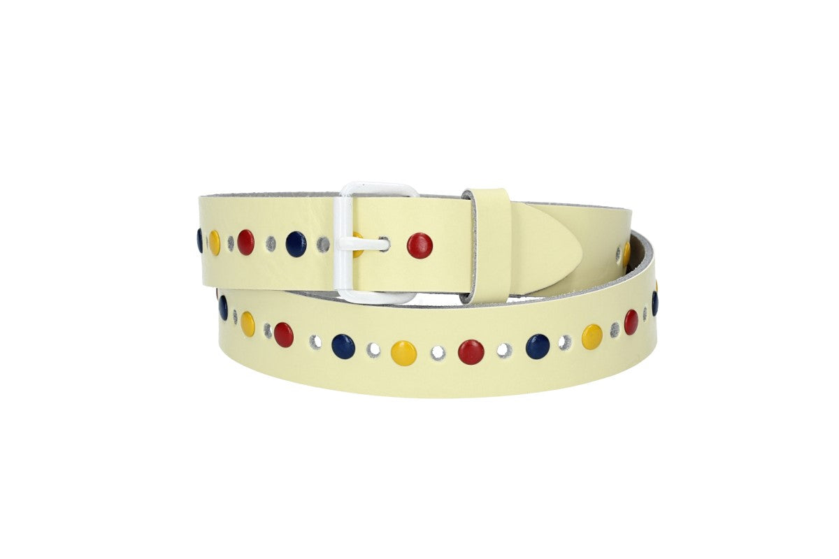Ledergürtel Kids 25mm in Hellgelb mit durchgehender Lochung, bunten Nieten und weißer Rollschließe - leder-accessoires.com