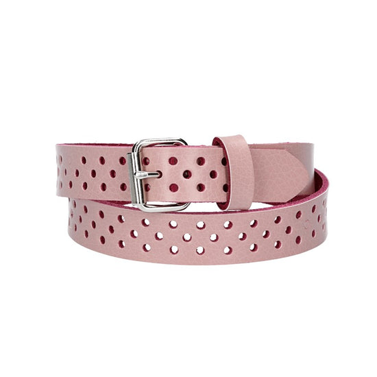 Ledergürtel Mini 20mm in Rosa mit durchgehender Lochung und dunkler Rollschließe - leder-accessoires.com