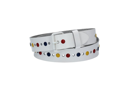 Ledergürtel Kids 25mm in Weiß mit durchgehender Lochung, bunten Nieten und weißer Rollschließe - leder-accessoires.com