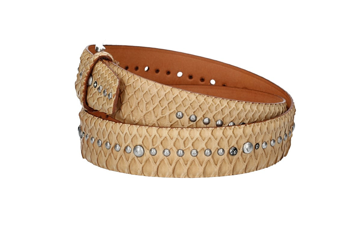 Schlangenledergürtel 40mm Beige mit Nieten und Strass - leder-accessoires.com